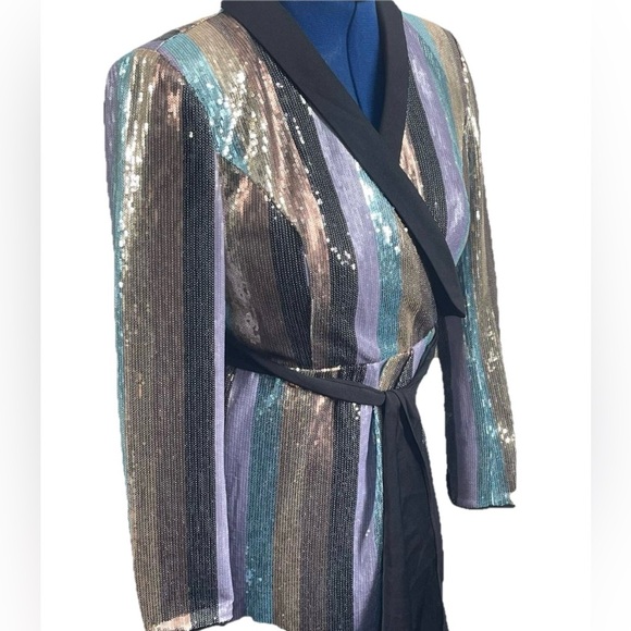 Venus Colorful Striped Sequin Tuxedo Dress Woman’s Sz 6, Faux Wrap, Zipper Retro - Picture 2 of 13
